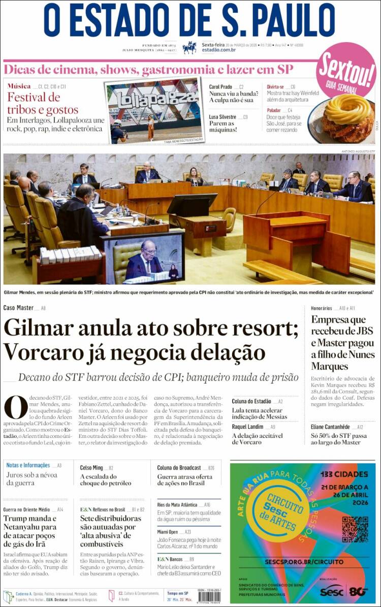 Portada de O Estado de São Paulo (Brasil)