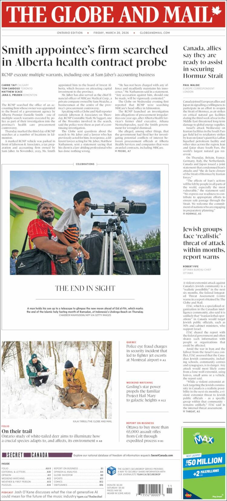 Portada de The Globe and Mail (Canad&aacute;)