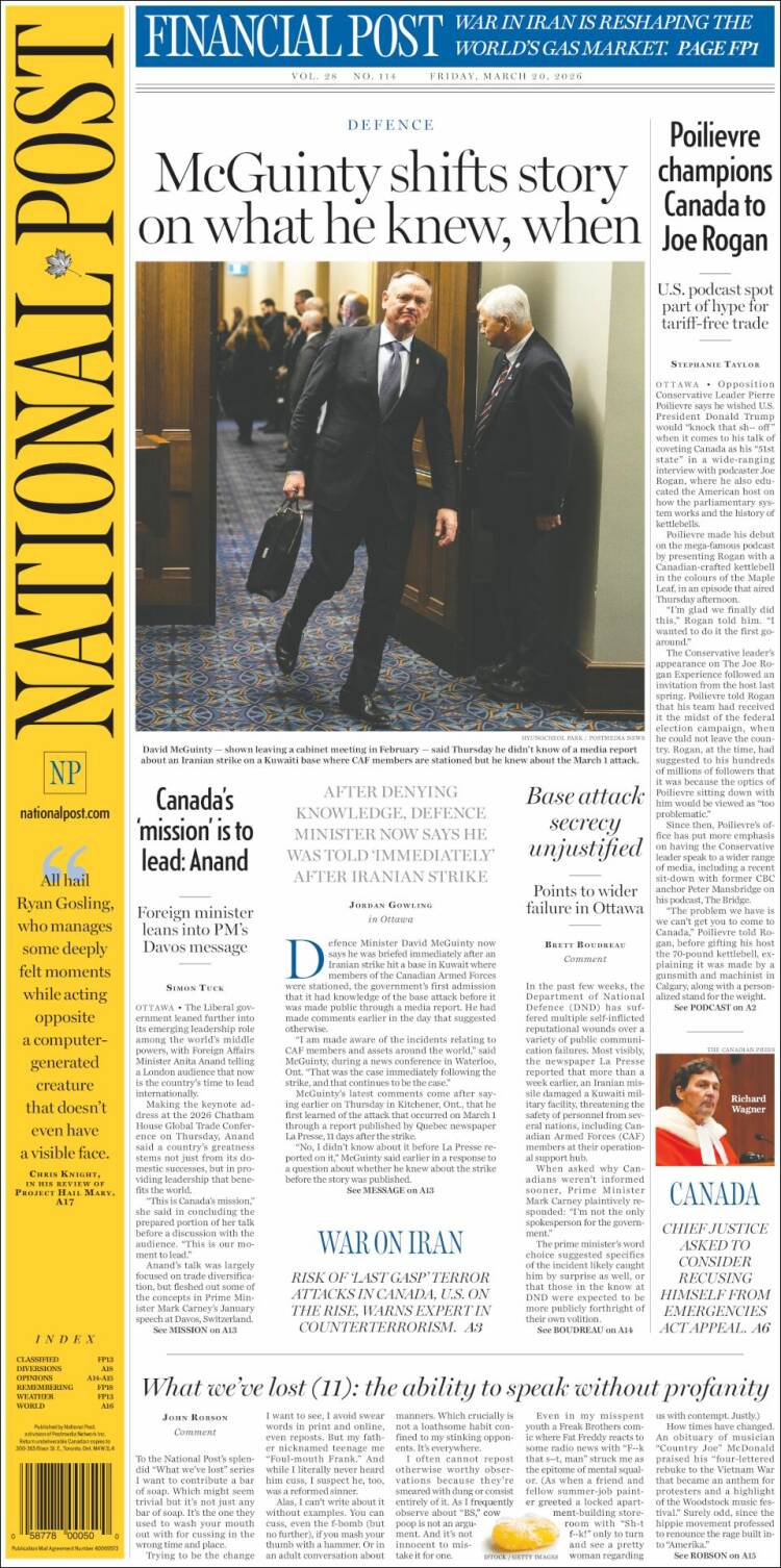 Portada de The National Post (Canad&aacute;)