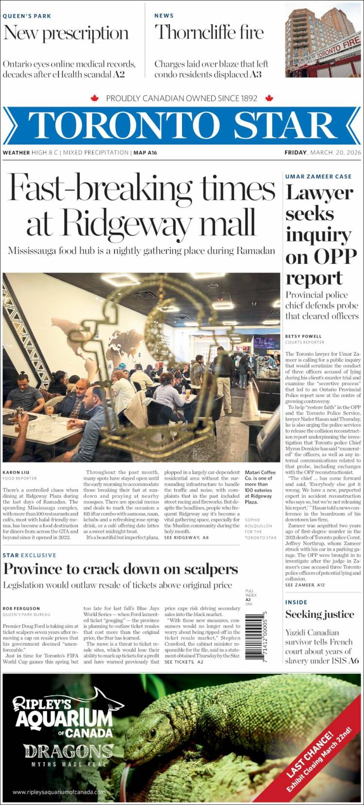 Portada de The Toronto Star (Canad&aacute;)