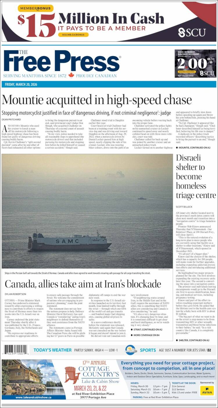 Portada de Winnipeg Free Press (Canad&aacute;)