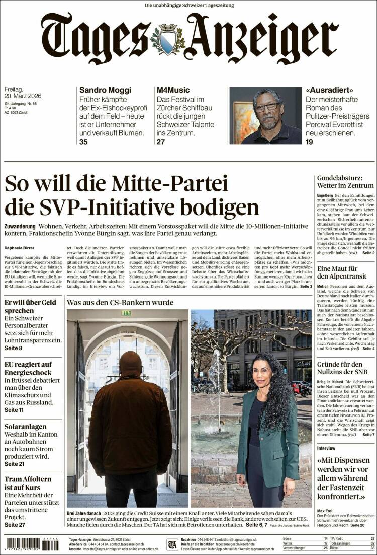 Portada de Tages-Anzeiger (Suiza)