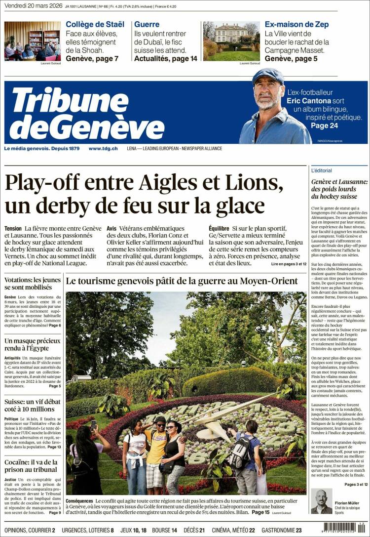 Portada de La Tribune de Genève (Suiza)