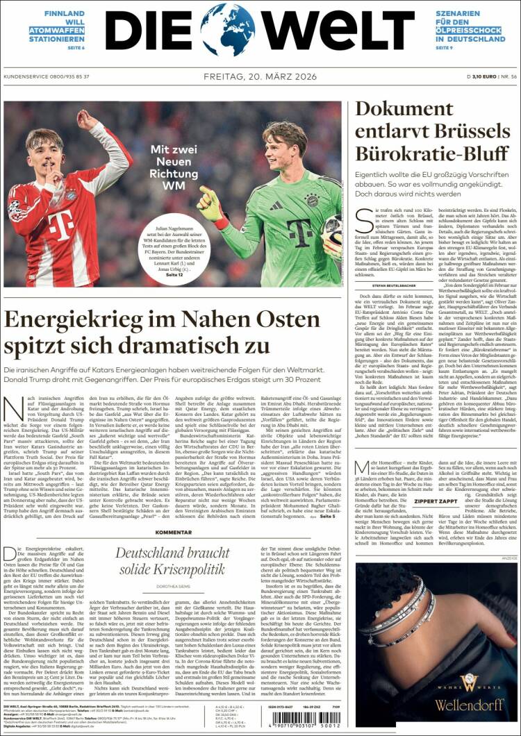 Portada de Die Welt (Alemania)