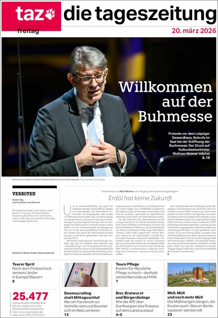 Portada de Die Tageszeitung (Alemania)