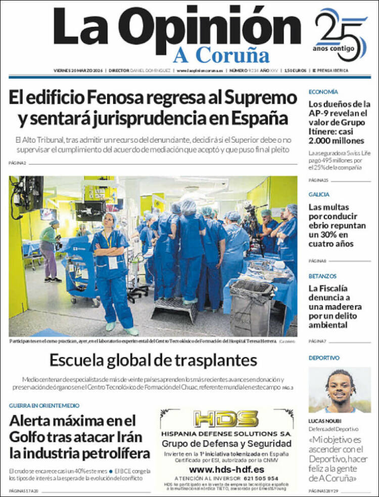 Portada de La Opinión de A Coruña (Espa&ntilde;a)