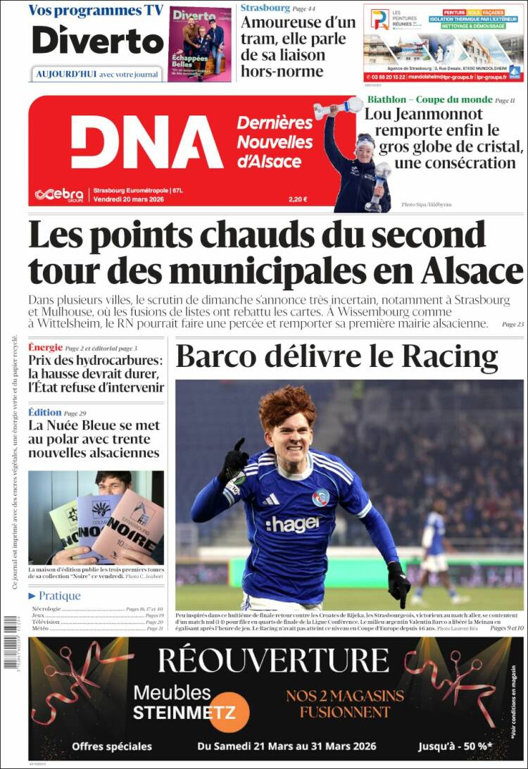 Portada de Les Dernières Nouvelles d'Alsace (Francia)
