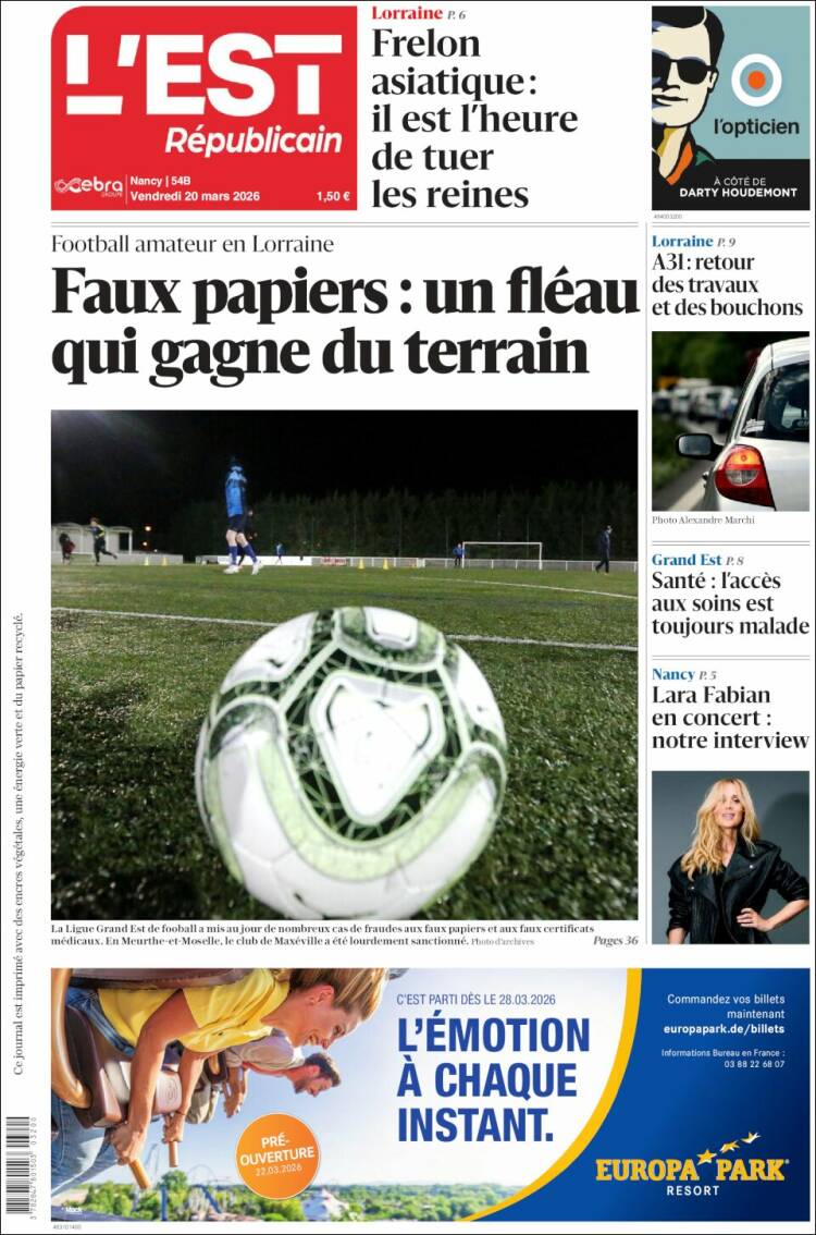 Portada de L'Est Republicain (Francia)