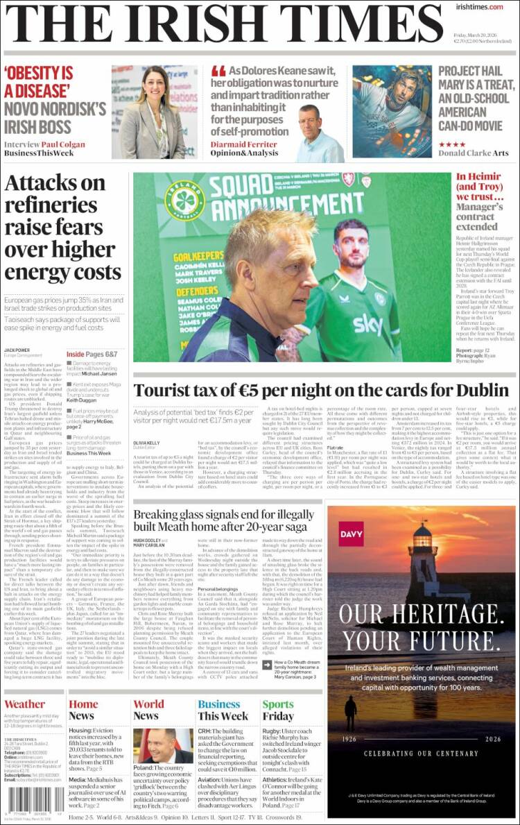 Portada de Irish Times (Irlanda)