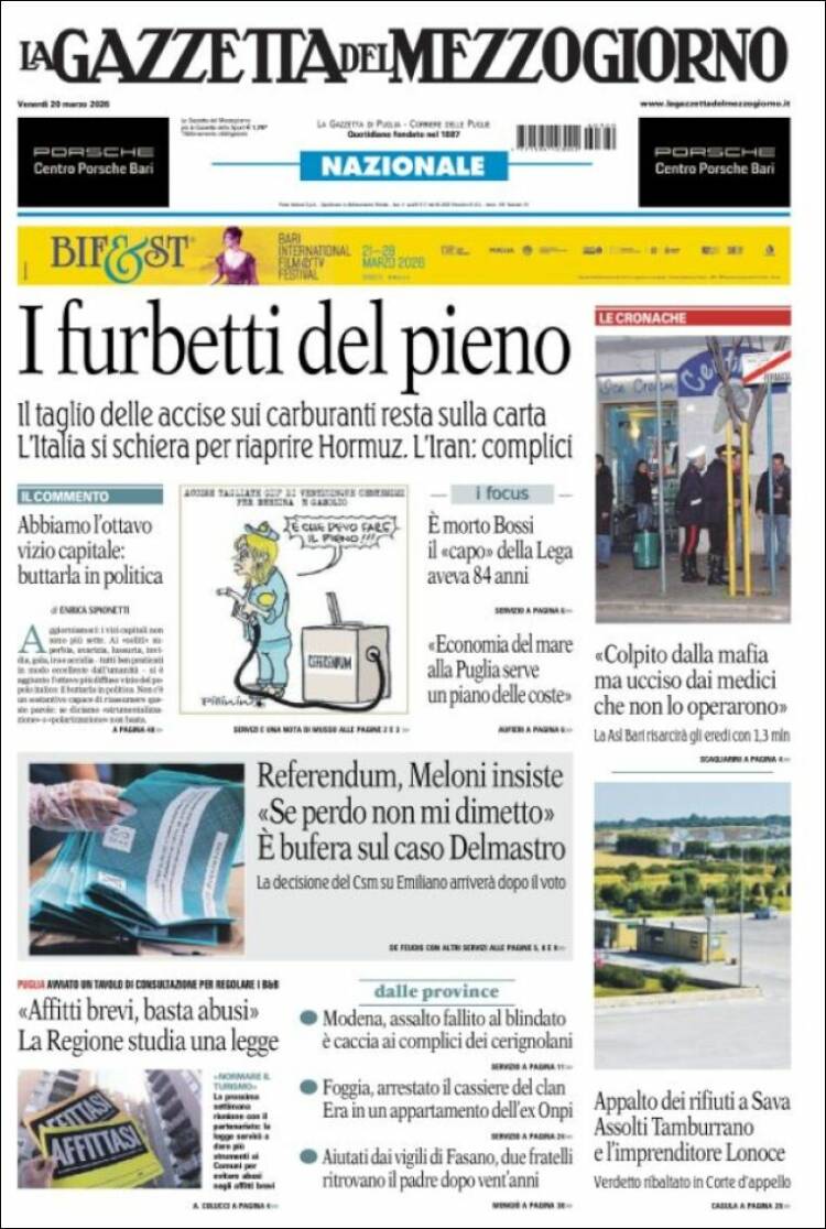 Portada de La Gazzetta del Mezzogiorno (Italia)
