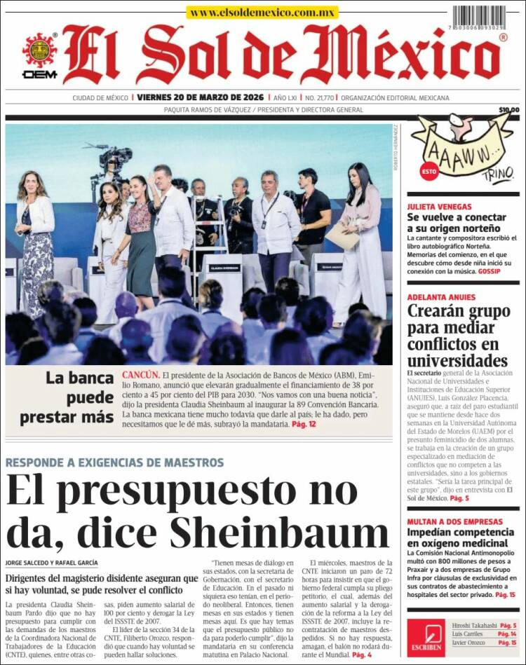 Portada de El Sol de México (M&eacute;xico)