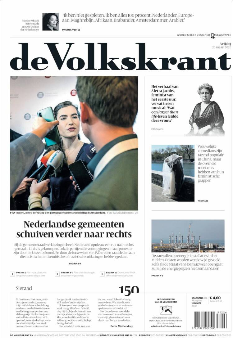 Portada de De Volkskrant (Pa&iacute;ses Bajos)