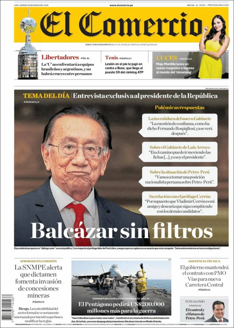 Portada de El Comercio (Per&uacute;)