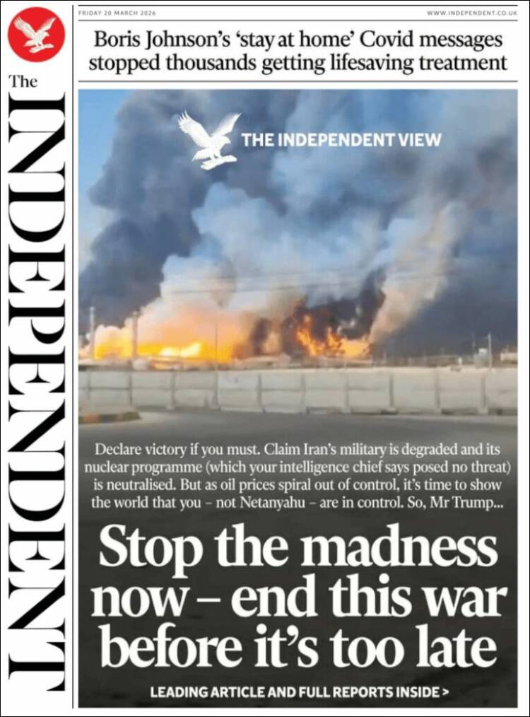 Portada de The Independent (Reino Unido)
