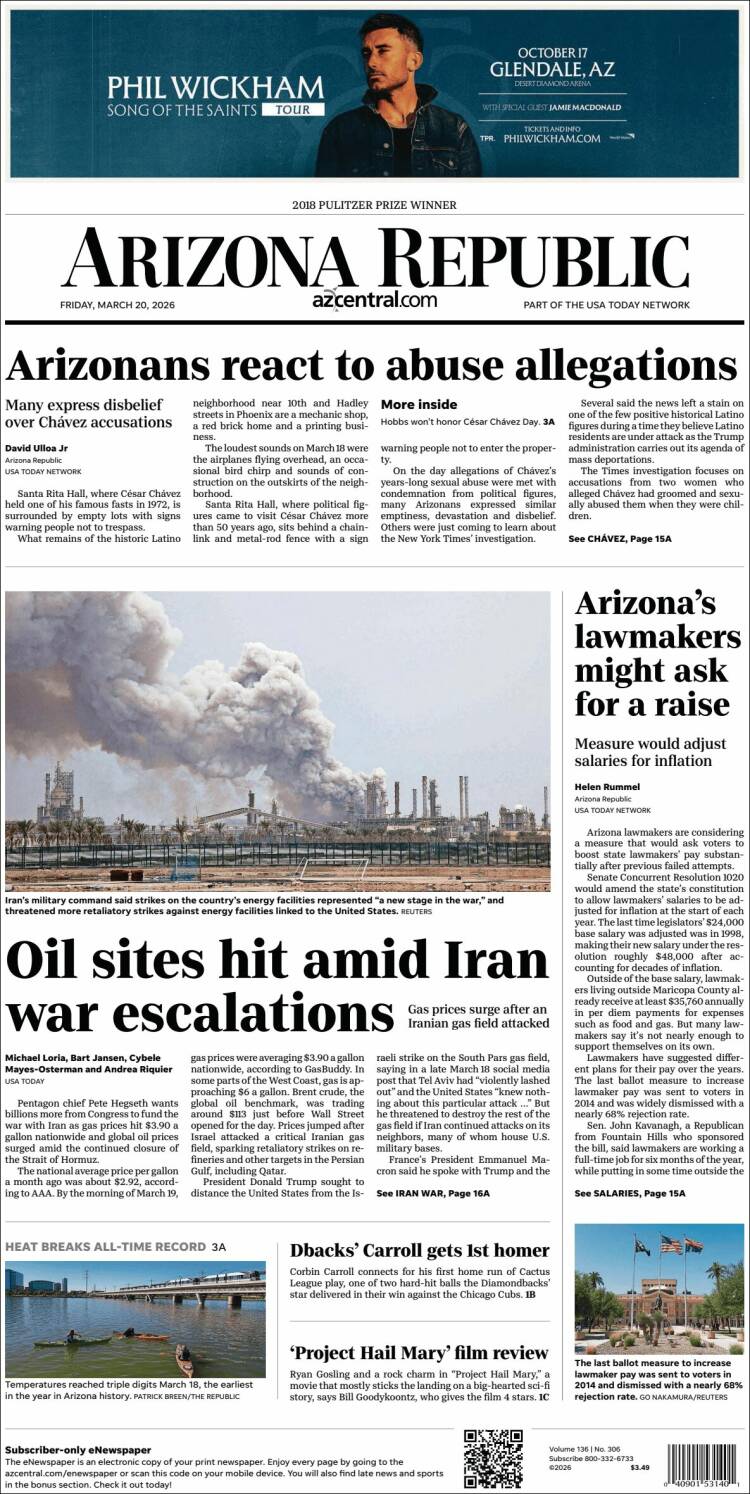 Portada de Arizona Republic News (USA)