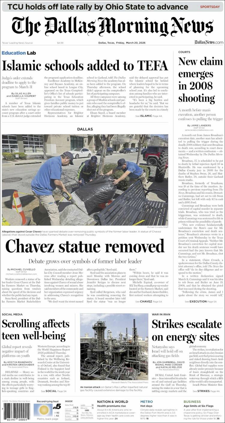 Portada de Dallas Morning News (USA)