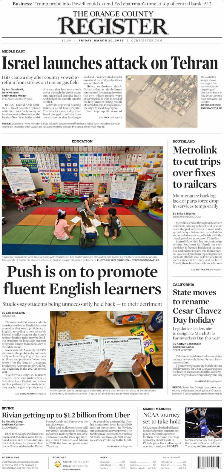 Portada de The Orange County Register (USA)