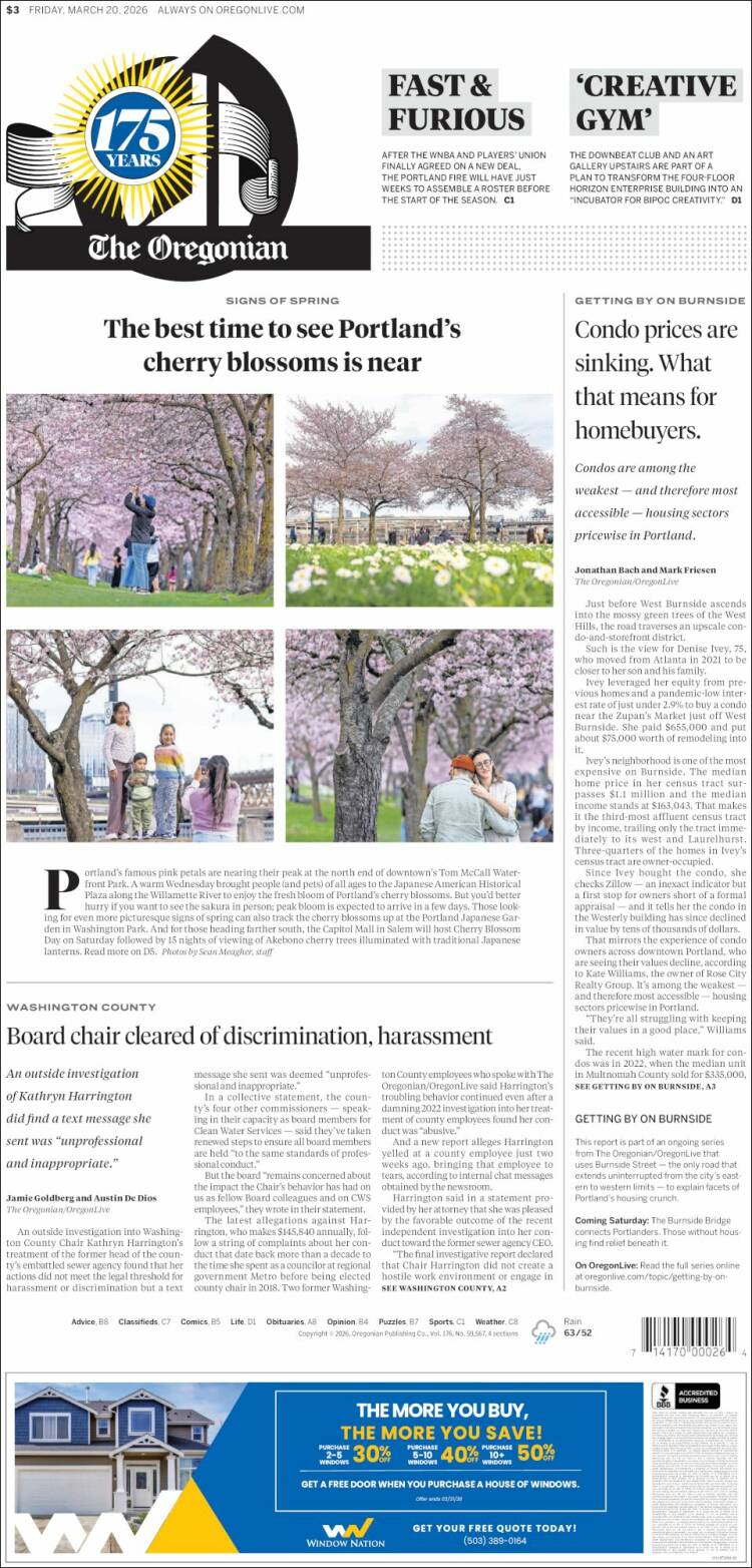 Portada de The Oregonian (USA)