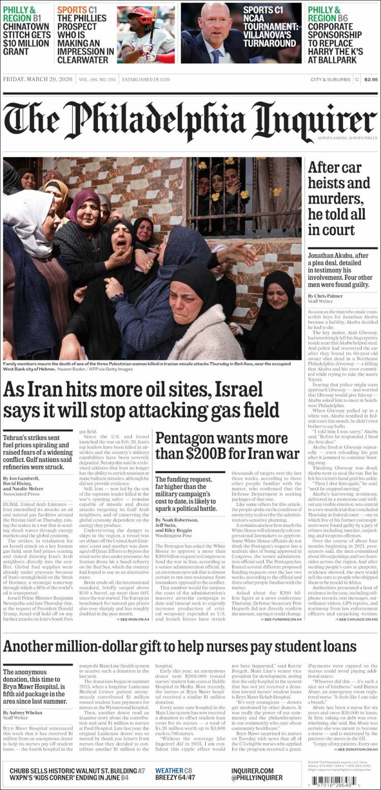 Portada de Philadelphia Inquirer (USA)