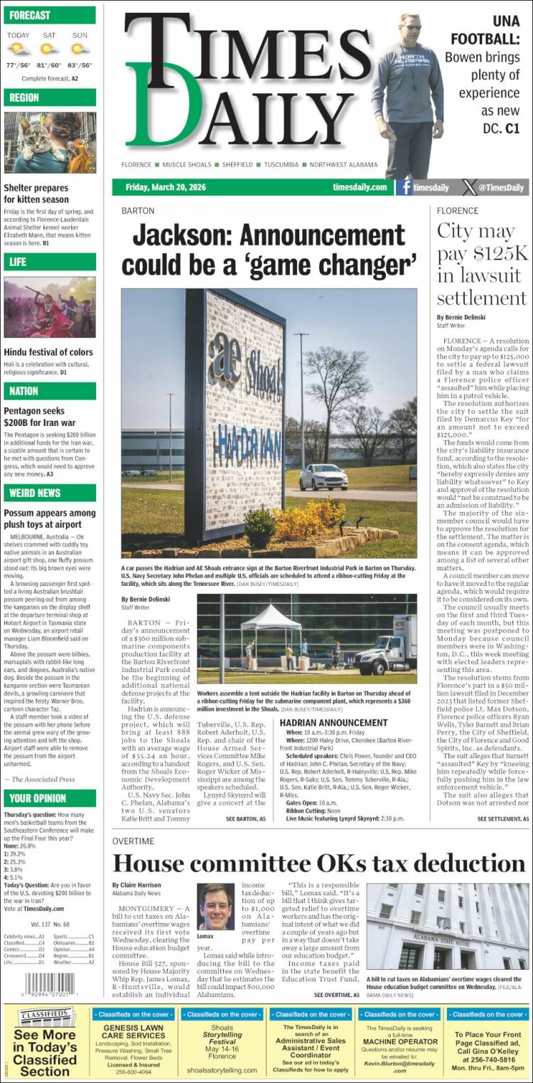 Portada de Times Daily (USA)