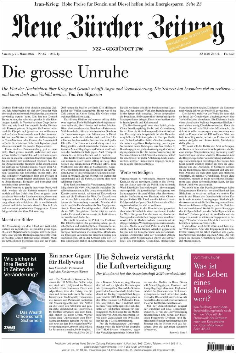Portada de Neue Zürcher Zeitung (Suiza)