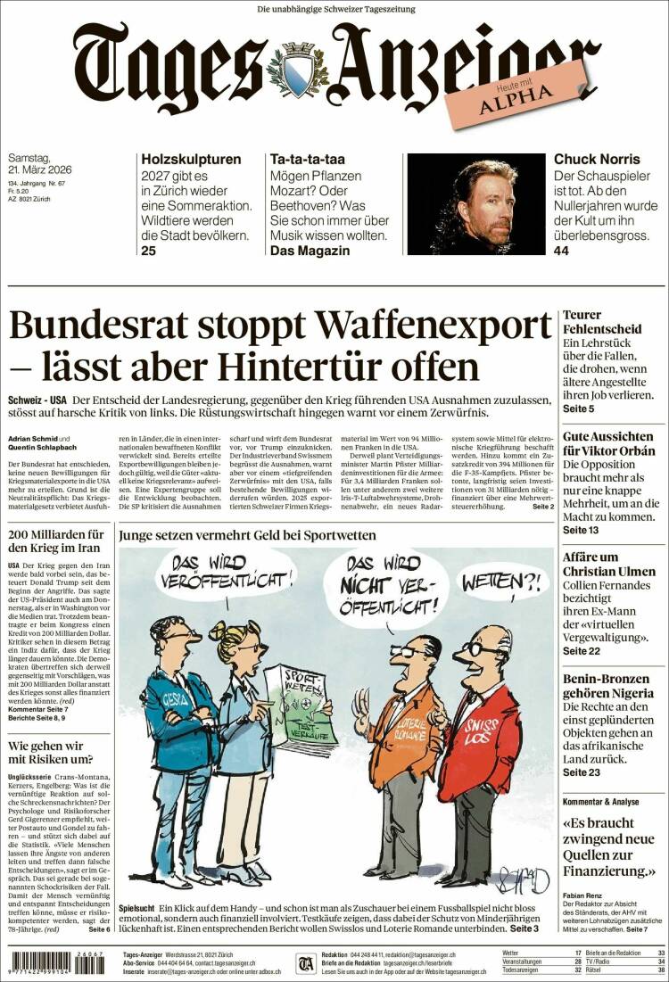 Portada de Tages-Anzeiger (Suiza)