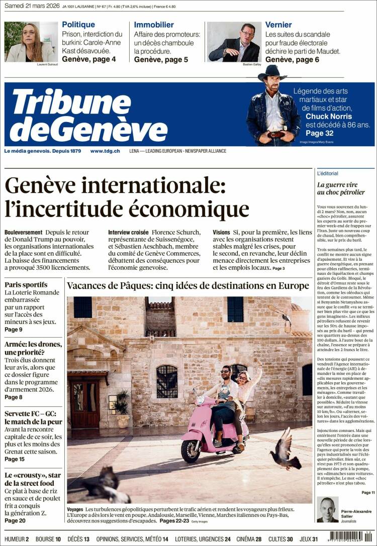 Portada de La Tribune de Genève (Suisse)