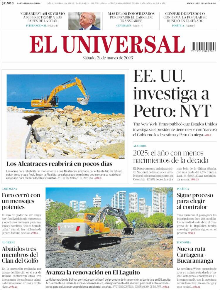 Portada de El Universal (Colombia)