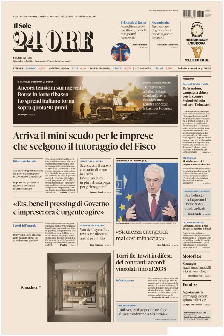 Portada de Il Sole 24 ORE (Italia)