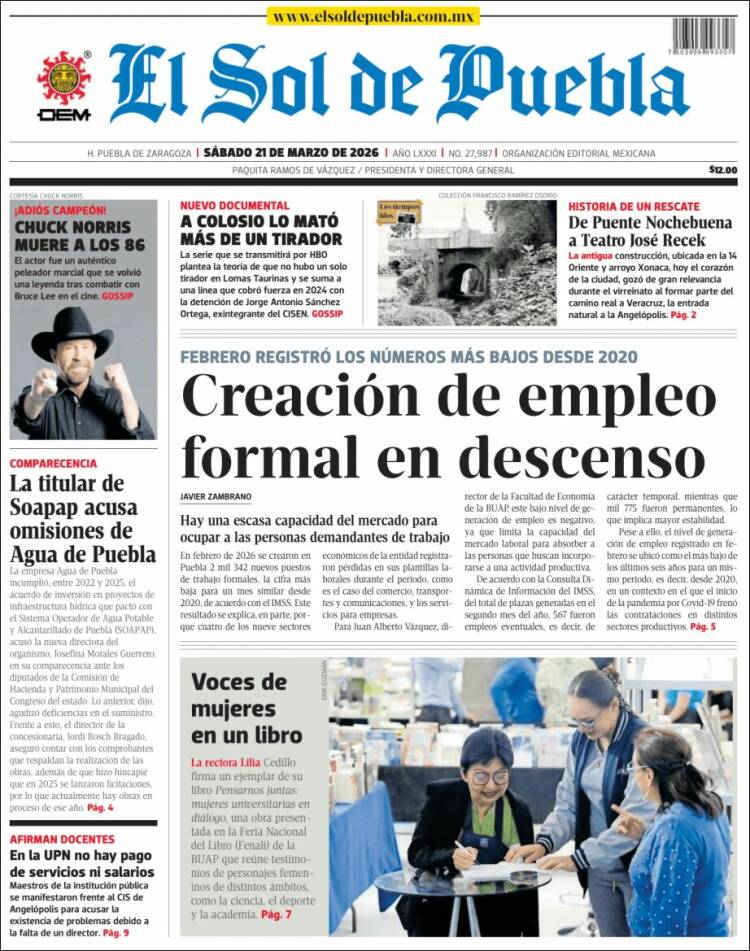 Portada de El Sol de Puebla (M&eacute;xico)