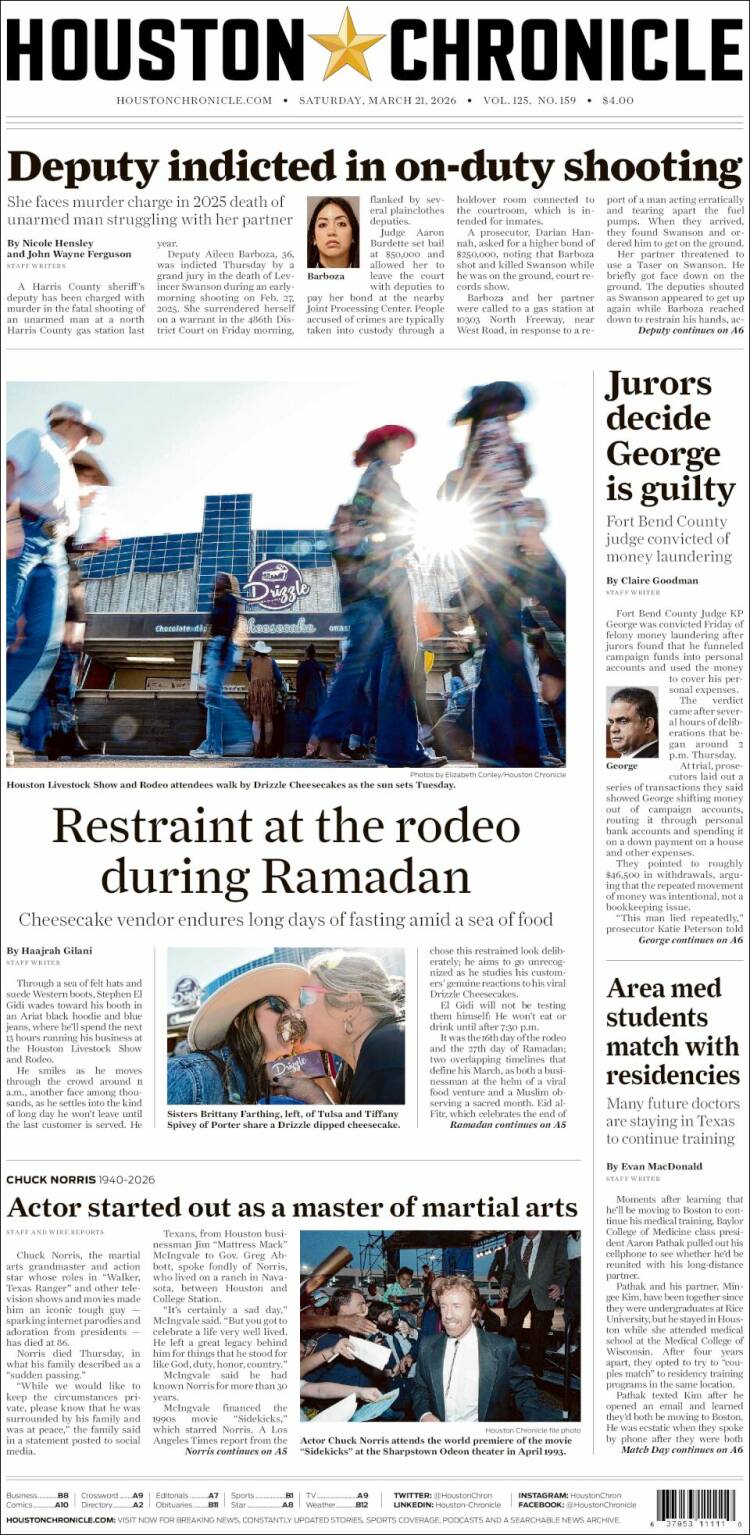 Portada de Houston Chronicle (USA)