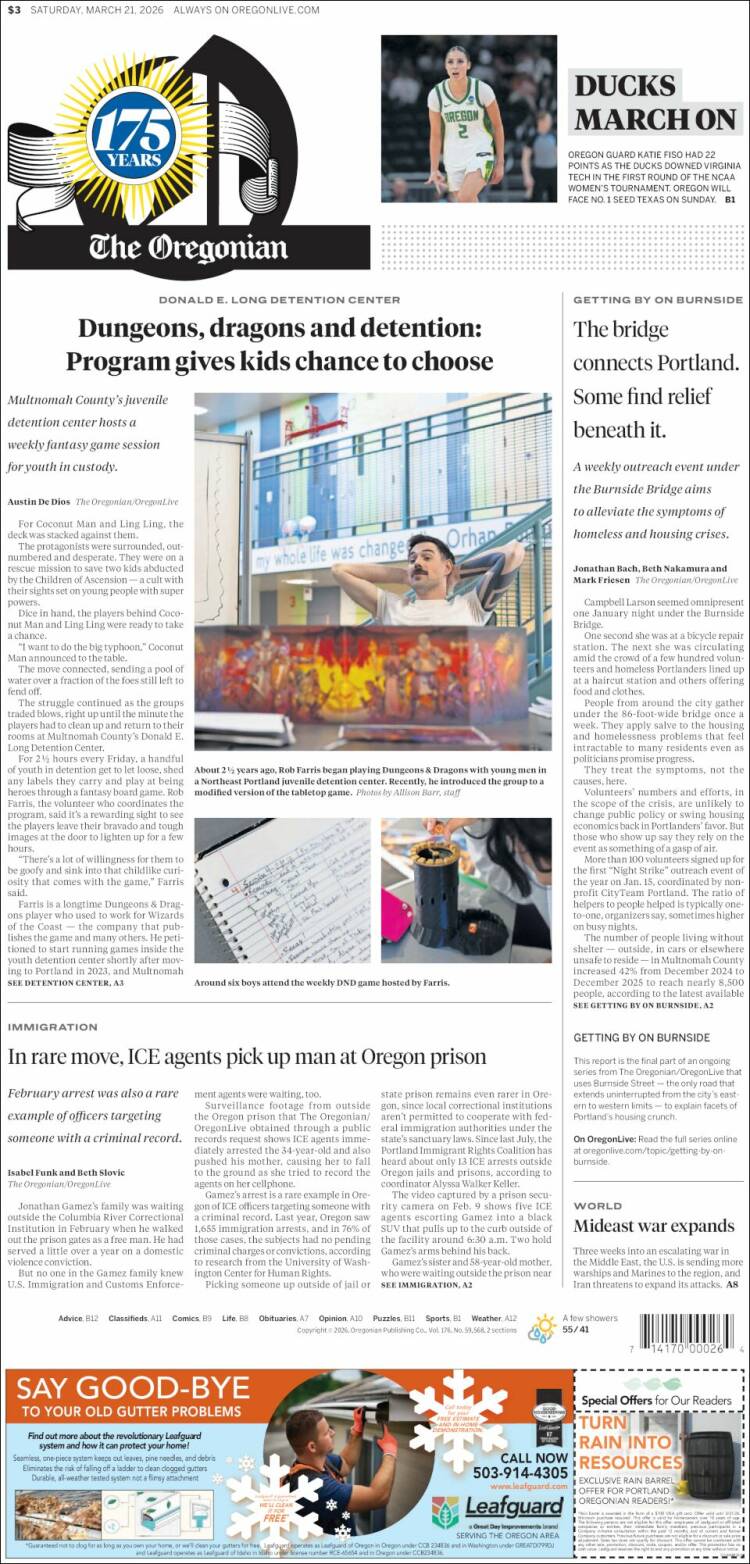 Portada de The Oregonian (&Eacute;tats-Unis)