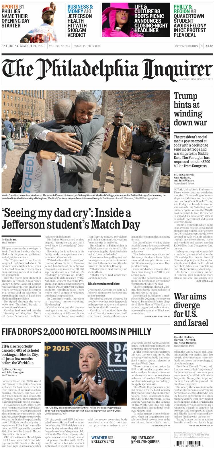 Portada de Philadelphia Inquirer (USA)