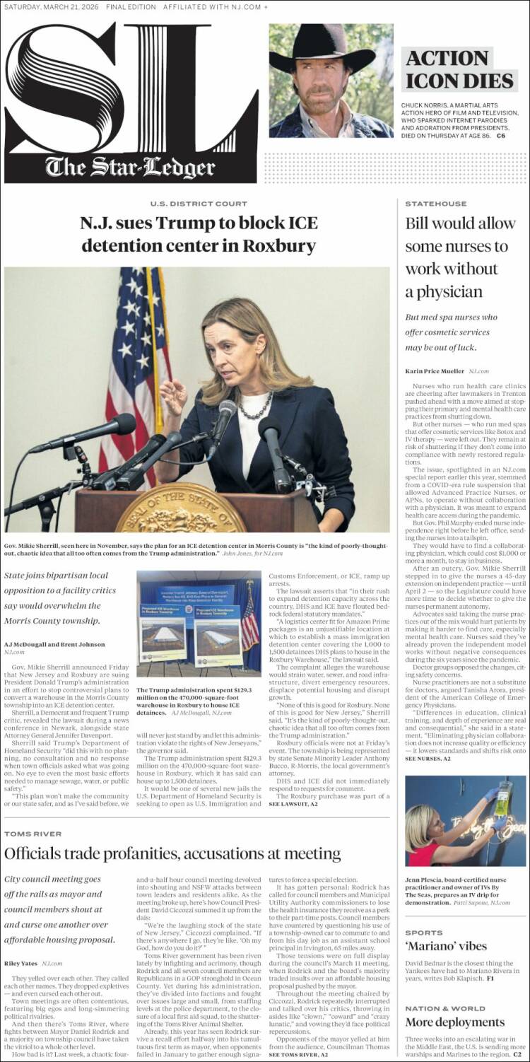 Portada de Star-Ledger (&Eacute;tats-Unis)