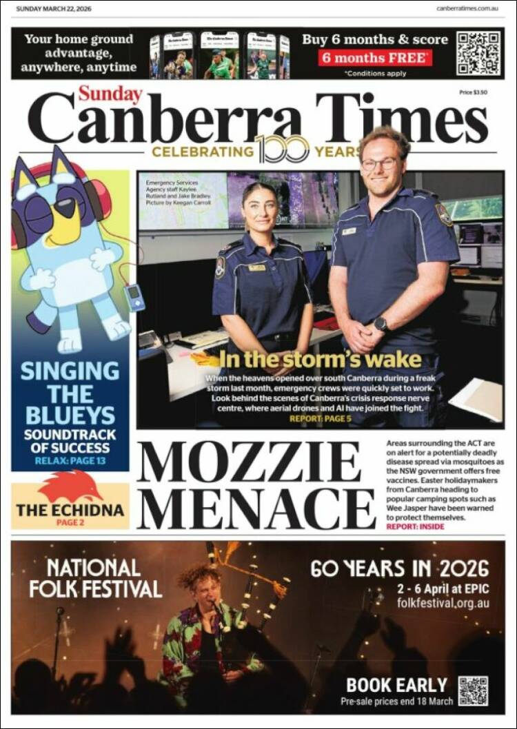 Portada de The Canberra Times (Australia)