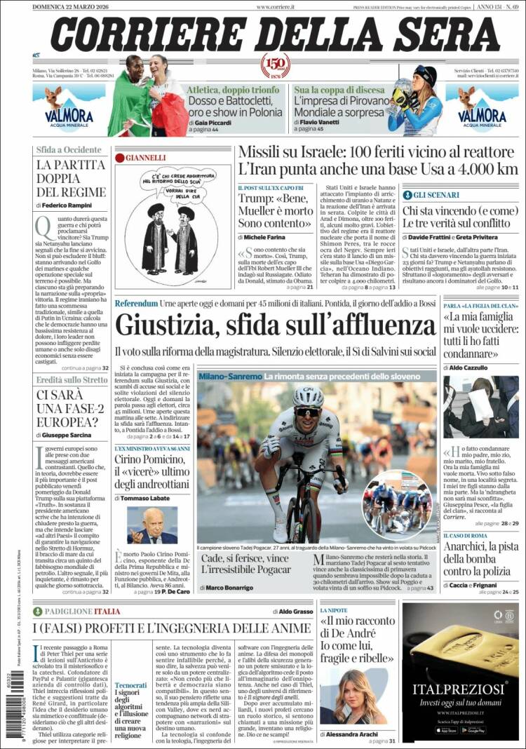 Portada de Corriere della Sera (Italia)