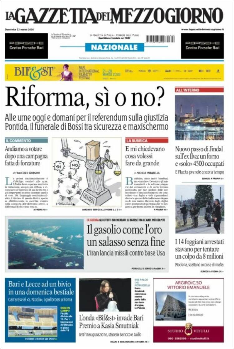 Portada de La Gazzetta del Mezzogiorno (Italia)