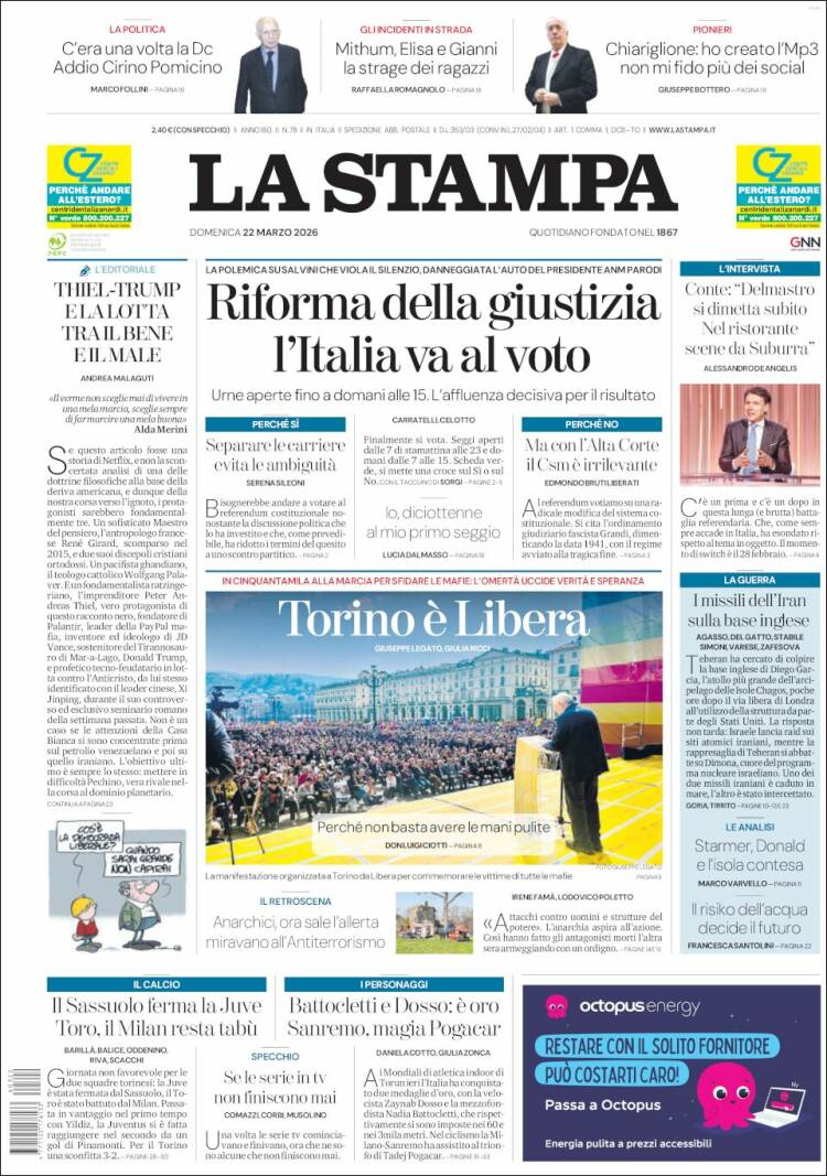 Portada de La Stampa (Italia)