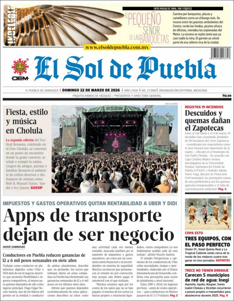 Portada de El Sol de Puebla (M&eacute;xico)
