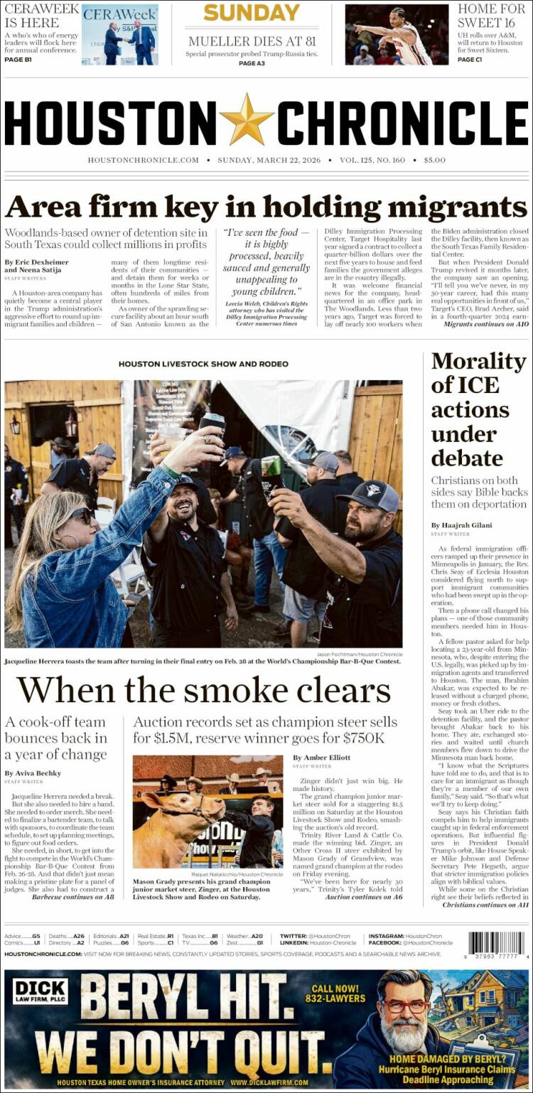 Portada de Houston Chronicle (USA)