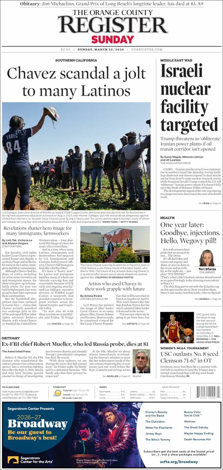 Portada de The Orange County Register (USA)