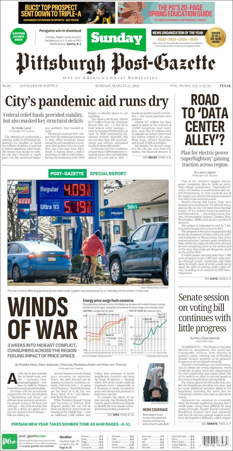 Portada de Pittsburgh Post-Gazette (USA)