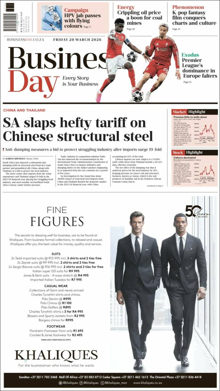 Portada de Business Day (Sud&aacute;frica)