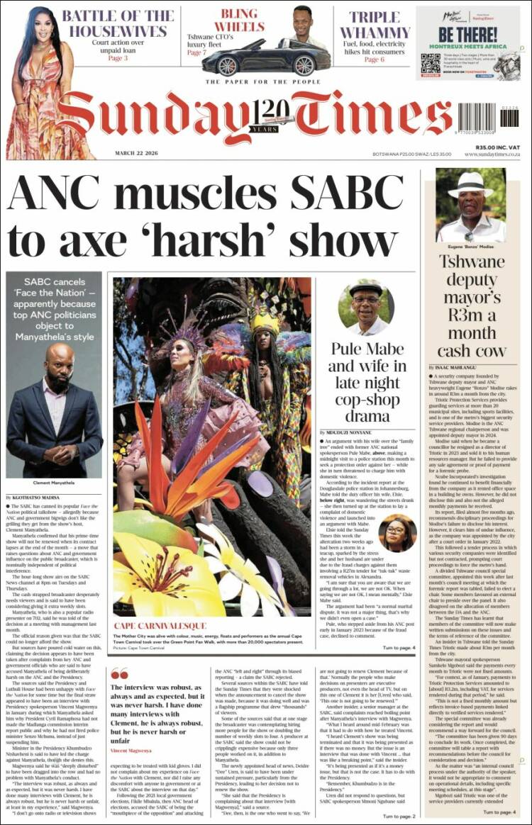 Portada de The Times (Afrique du Sud)