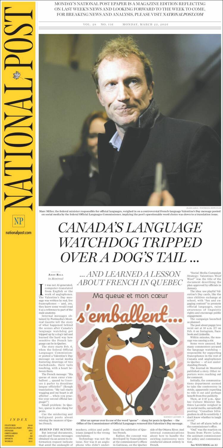 Portada de The National Post (Canad&aacute;)