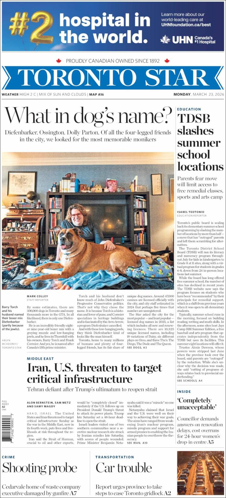 Portada de The Toronto Star (Canad&aacute;)