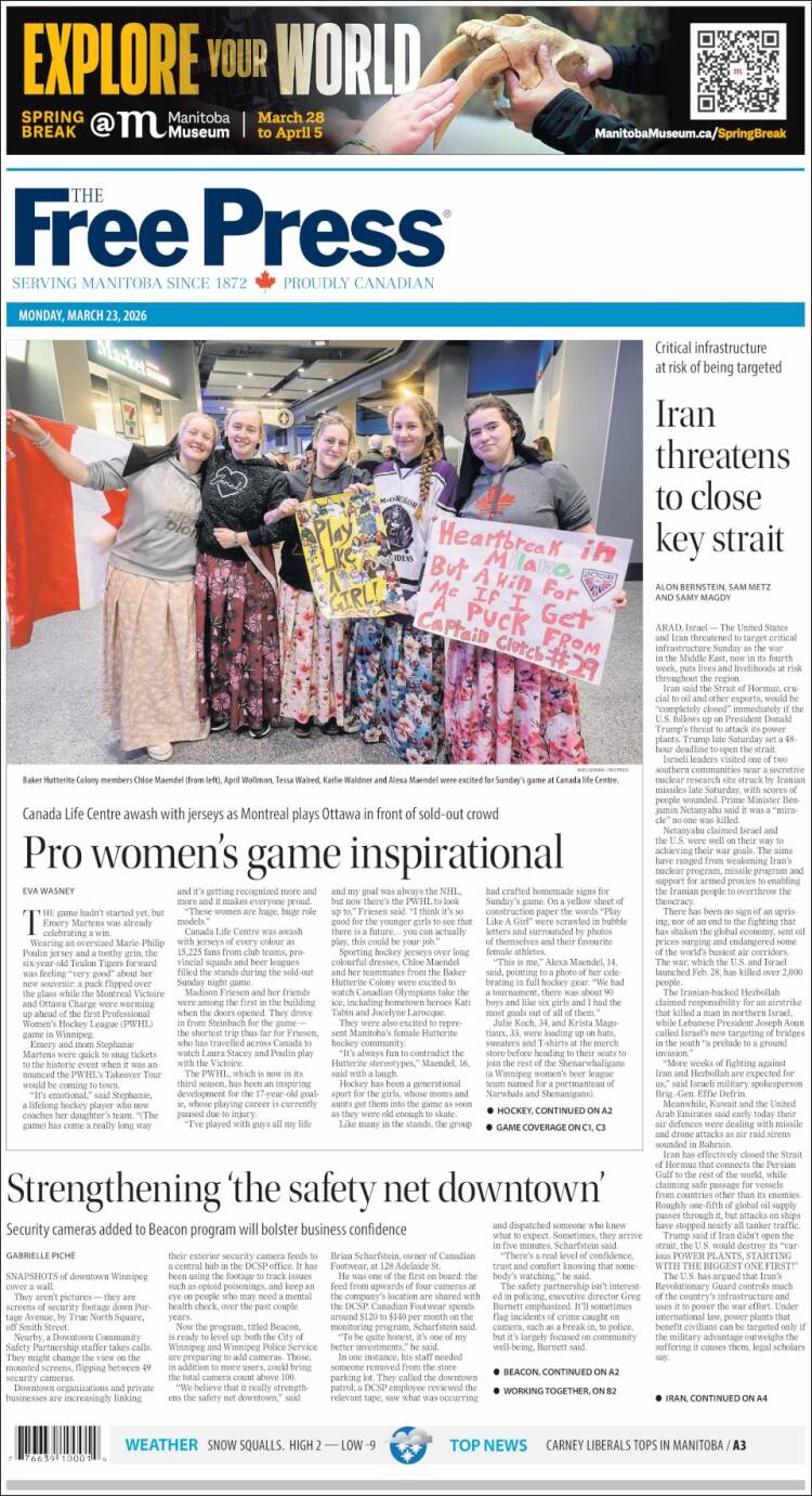 Portada de Winnipeg Free Press (Canad&aacute;)