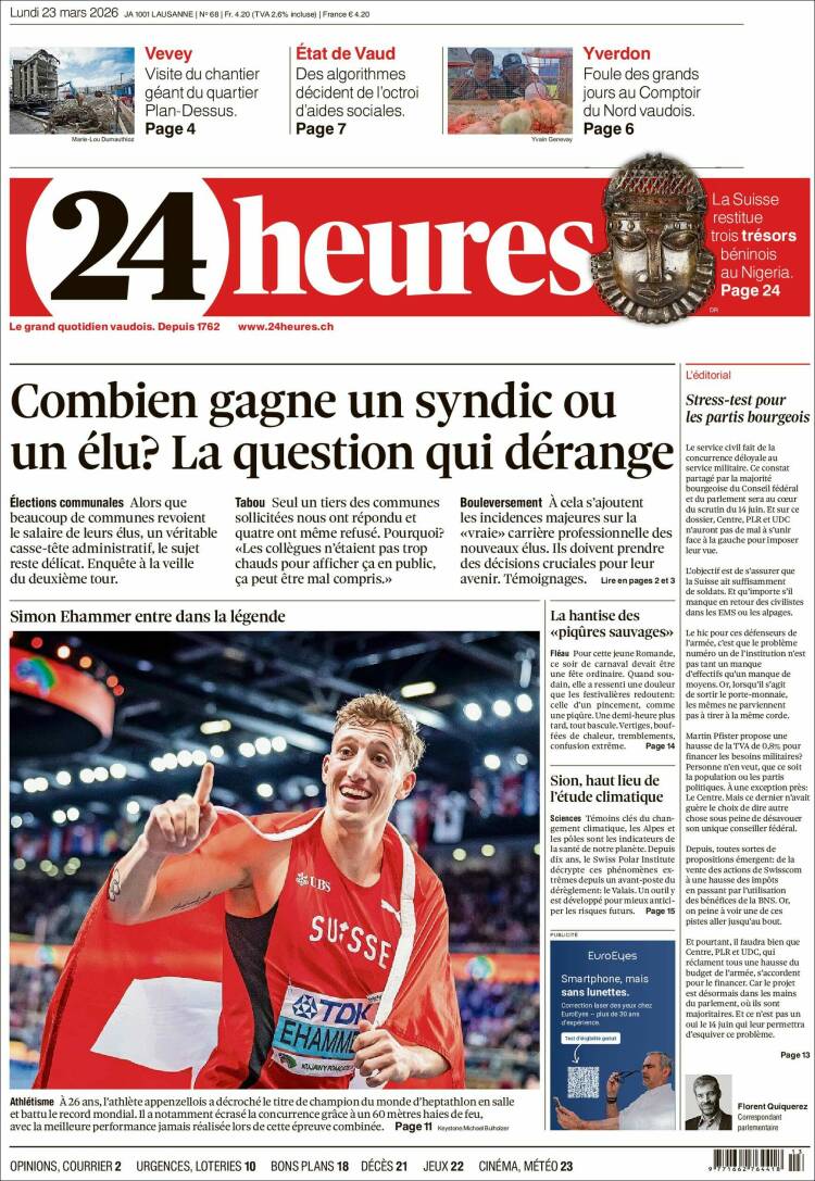 Portada de 24 Heures (Suiza)