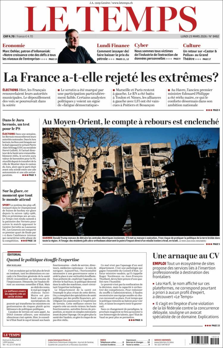 Portada de Le Matin (Suiza)