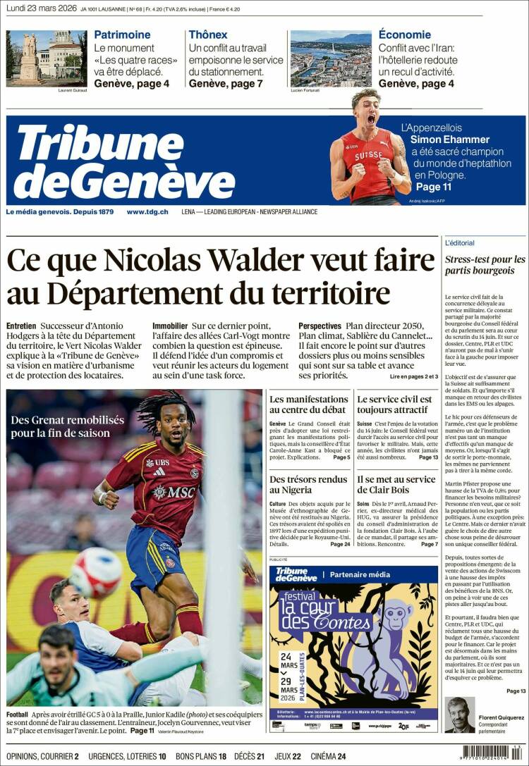 Portada de La Tribune de Genève (Suiza)